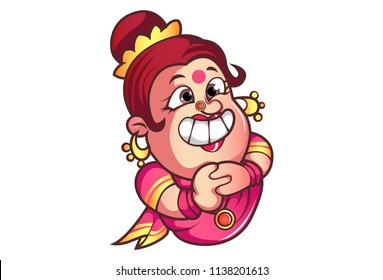 Vector cartoon illustration of  iyer aunty ji funny teeth . Isolated on white background.