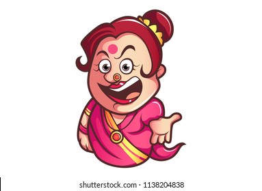 Vector cartoon illustration of iyer aunty ji hand expression with open mouth. Isolated on white background.