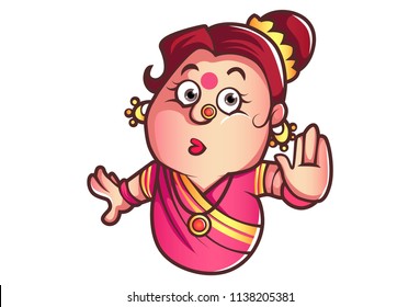 Vector cartoon illustration of iyer aunty ji hand stop sign with face expression. Isolated on white background.