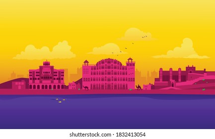 Vector cartoon illustration of the Jaipur skyline. Isolated on a colored background.