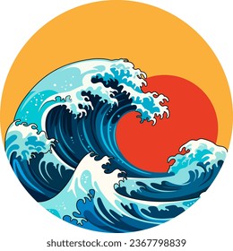 Vector cartoon illustration of Japan's iconic wave under a red sun