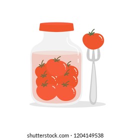 Vector cartoon illustration with jar of pickled tomatoes and tomato on fork.