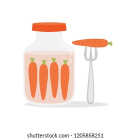 Vector cartoon illustration with jar of pickled carrots and carrot on fork.