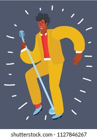 Vector cartoon illustration of Jazz music with Afro soul singer with microphone on dark background. Modern human character.