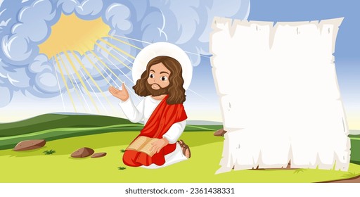 Vector cartoon illustration of Jesus Christ with open sky