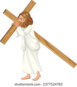 A vector cartoon illustration of Jesus walking on bear feet while carrying a wooden cross