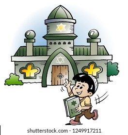 Vector Cartoon illustration of a Jewish School Boy Pointing at a Synagoque