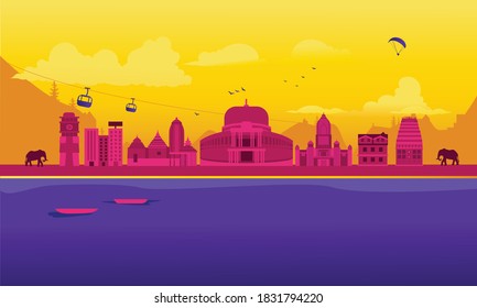 Vector cartoon illustration of Jharkhand skyline. Isolated on white background.