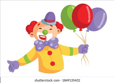 Vector cartoon illustration. Joker is happy and holding balloons in hand. Isolated on a white background.