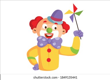 Vector cartoon illustration. Joker is holding a rotating paper fan in hand. Isolated on a white background.