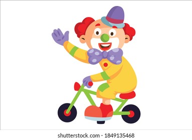 Vector cartoon illustration. Joker is riding a cycle and waving his hand. Isolated on a white background.