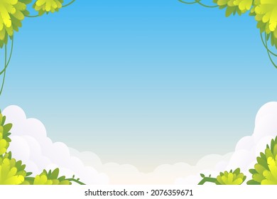 Vector cartoon illustration of jungle background with clouds. Treasure game background. Nature Landscape. Illustration of funny spring graphic background.