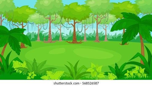 Vector cartoon illustration of jungle  background. vector landscape.