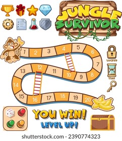 A vector cartoon illustration of a jungle-themed Snakes and Ladders game template