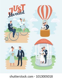 Vector cartoon illustration of just married , newlyweds, bride and groom set. Happy Couple celebrating marriage, riding retro bike, fly on air ballon, holding each other in arms , wedding gazebo.