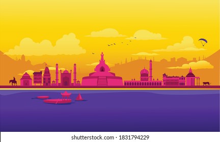 Vector cartoon illustration of the Kashmir skyline. Isolated on a colored background.