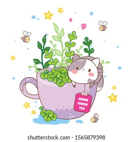 Vector cartoon illustration, kawaii anime style. Funny fat cat in tea cup with green plants, leaves, bees, stars and hearts. Drink Green Tea poster. Korea, Japan, China drinks design