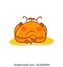 Vector cartoon Illustration, kawaii crying crab on sand. Flat style, orange, yellow, pink colors. Object isolated on white background