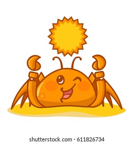 Vector cartoon Illustration, kawaii happy crab with sun on sand. Flat style, orange, yellow, pink colors. Object isolated on white background