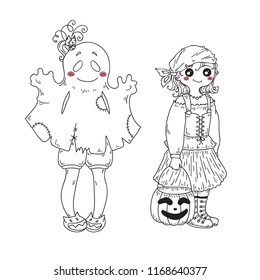 Vector cartoon illustration of kawaii kids in Halloween outfits, ghost and pirate with pumpkin. Big eyes, smiling faces. Page for kids coloring book. Hand drawn art, simple style 