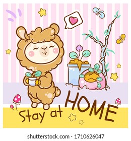 Vector cartoon illustration in kawaii kids style. Kawaii big-headed smiling alpaca (or Llama) at abstract room with message “STAY AT HOME”. Lovely elements: stars, plants, butterflies, agarics, heart