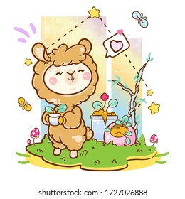 Vector cartoon illustration in kawaii kids style. Abstract kawaii big-headed smiling alpaca (or Llama) with plants in his hand. Cute background with grass, mushrooms, butterflies, flowers in pots