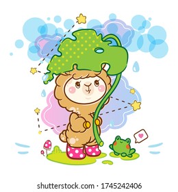 Vector cartoon illustration, kawaii kids style. Abstract anime big-headed smiling Llama (or alpaca) with monstera plant and cute frog under the rain. Background with clouds, stars, water drops