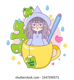 Vector cartoon illustration, kawaii manga, anime style. Cute witch in tea cup with funny frog, monstera leaf, hearts, stars and water drops. I love tea design. Korea, Japan, China street food art