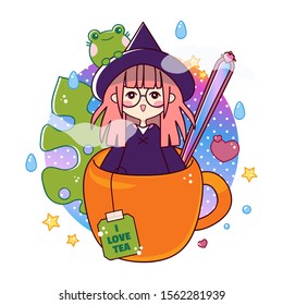 Vector cartoon illustration, kawaii manga, anime style. Cute witch in tea cup with funny frog, monstera leaf, hearts, stars and water drops. I love tea design. Korea, Japan, China street food art