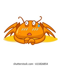 Vector cartoon Illustration, kawaii scared crab on sand. Flat style, orange, yellow, pink colors. Object isolated on white background