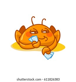 Vector cartoon Illustration, kawaii sly crab playing poker on sand. Flat style, orange, yellow, pink colors. Object isolated on white background