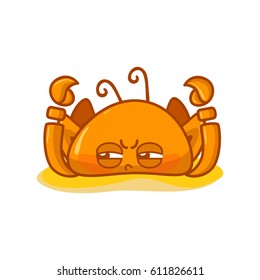 Vector cartoon Illustration, kawaii wicked crab on sand. Flat style, orange, yellow, pink colors. Object isolated on white background 
