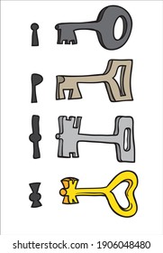 Vector cartoon illustration. Key. Black outline