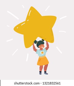 Vector cartoon illustration of a Kid Girl Smiling and Holding a Bright big Yellow Star