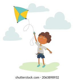Vector cartoon illustration. Kid with kite in the park. Funny Boy plays with colored flying kite on an abstract background. 



