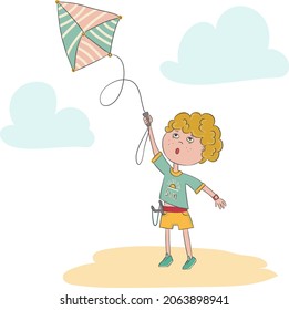Vector cartoon illustration. Kid with kite in the park. Funny Boy plays with colored flying kite on an abstract background. 



