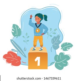 Vector cartoon illustration of kid winner on a podium. little Girl on first place.