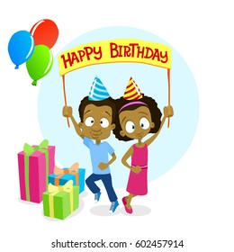 Vector cartoon illustration of kids celebrating birthday. Black skin