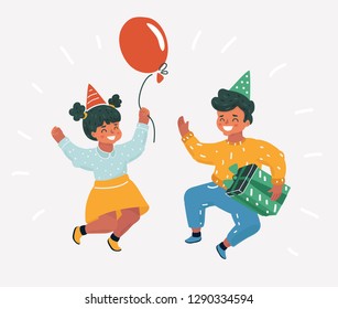 Vector cartoon illustration of kids have fun time. Boy and girl jumping celebrate happy birthday. Human character on white background. Party hat and air balloon.