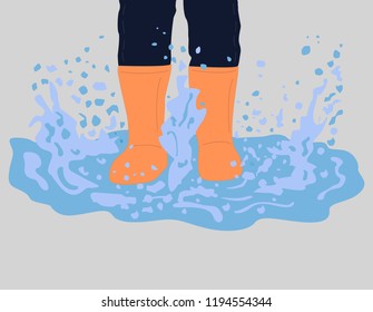 Vector cartoon illustration of kids legs in rubber boots playing in the puddle. Child jumping and splashing through the puddles in park. Autumn concept.