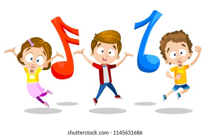 Vector cartoon illustration of kids loving music. Jumping with music notes