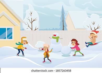 Vector cartoon illustration of kids making a snowman and other winter fun outdoors at snowy day