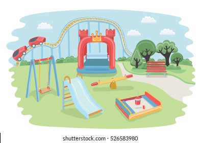 Vector cartoon illustration of kids playground. Equipment for child area in the park