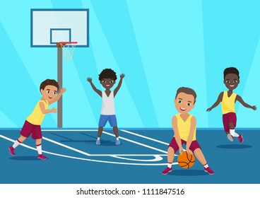 Vector Cartoon Illustration Of Kids Playing Basketball In Schoool.