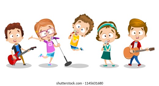 Vector cartoon illustration of kids playing music instruments, vector illustration