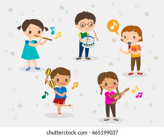 vector cartoon illustration of kids playing different musical instruments