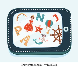 Vector cartoon illustration of kids playing game on tablet