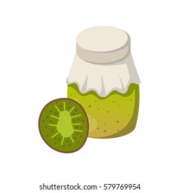 Vector cartoon illustration with kiwi jam jar. Sweet jelly marmalade glass bottle. Homemade sugar preserves icon. Fruit food object