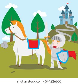 Vector cartoon illustration of a knight in shining armor holding sword and shield with his horse outside the castle