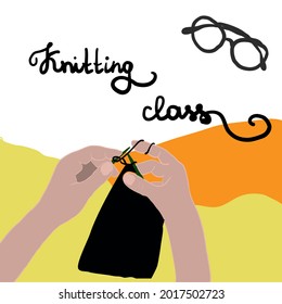 Vector cartoon illustration of Knitting icon. Hands hold needles. Colored isolated symbol. Workshop announcement. knitting class hand drawn text